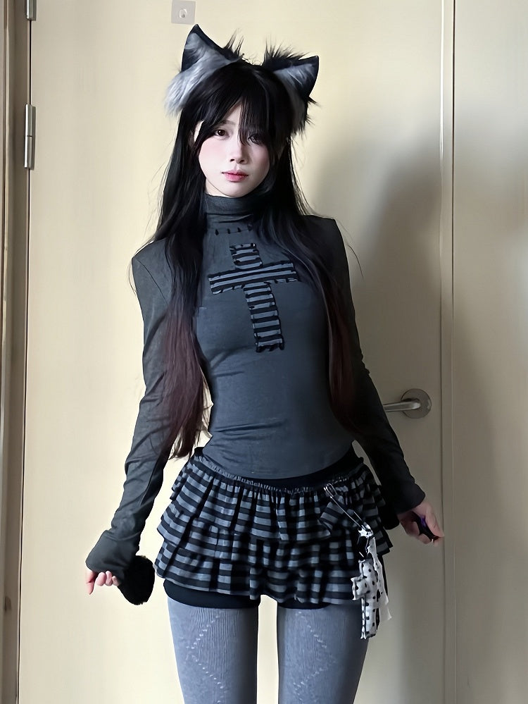 Long Sleeve Cuff Gothic Top Detachable Neck High - Pompon Decor