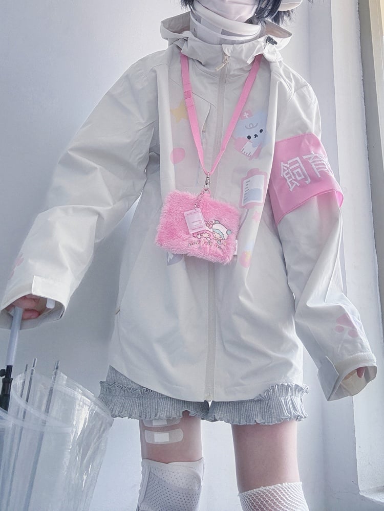 Kawaii Yami Windbreaker Beige Print Jacket Doctor Cat Hood Drawstring with