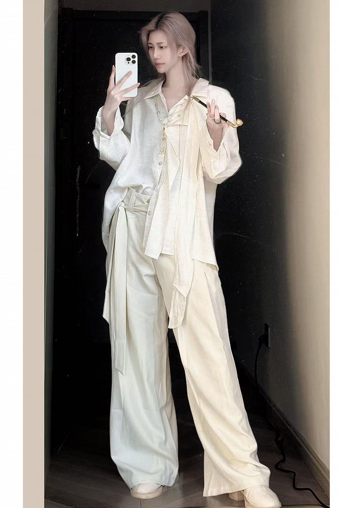 Shirt White Vintage Relaxed-Fit Unisex Tie-Neck