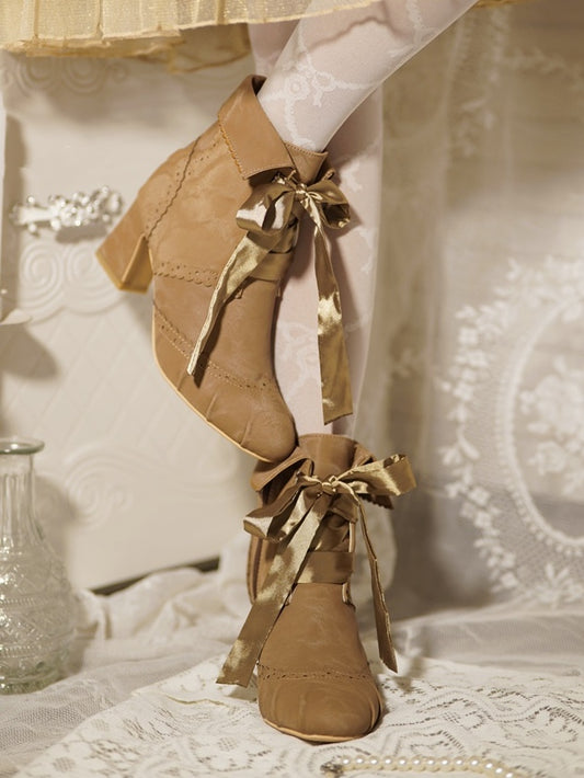 and Boots Fleece Ankle Fold-Over Cuff Design Lolita Brown Lining Plush - with Elegant Lace-Up