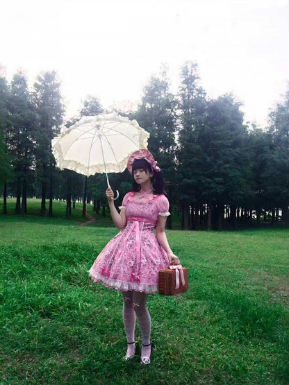 Pink Old School Lolita Floral Print OP Dress with Halter Straps - Asuka