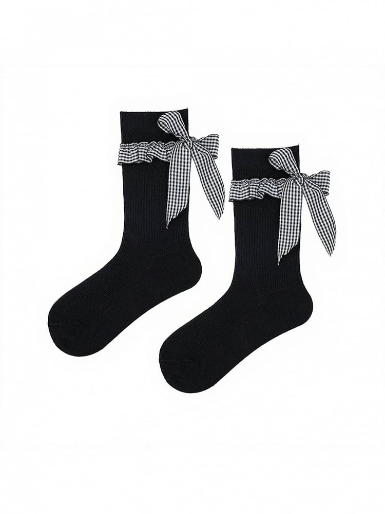 Ribbed Ankle Socks with Plaid Bow Decoration - ModaSwings