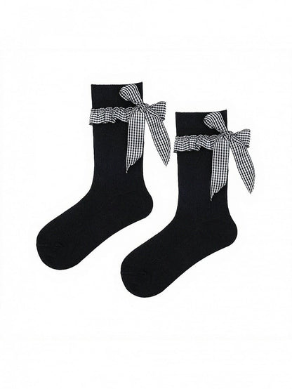 Ribbed Ankle Socks with Plaid Bow Decoration - ModaSwings