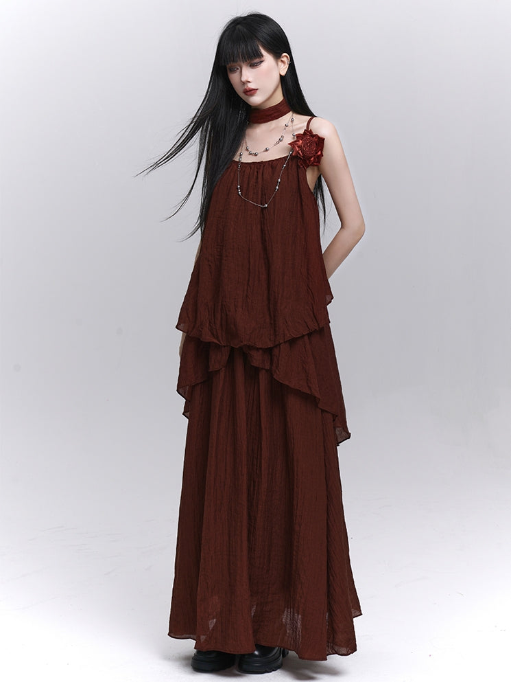 スカーフ装飾ワインレッドフローラル/キャミソールトップ