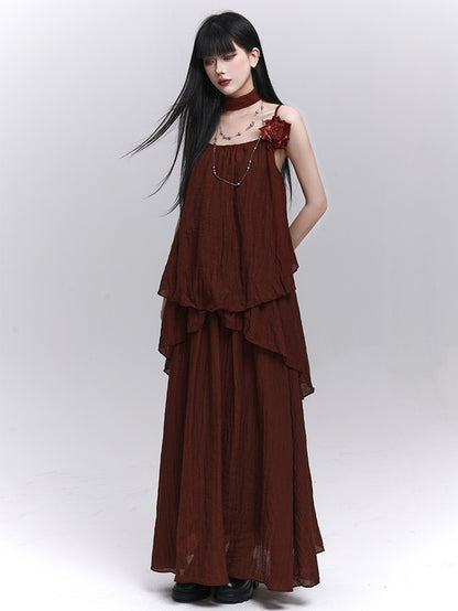 スカーフ装飾ワインレッドフローラル/キャミソールトップ