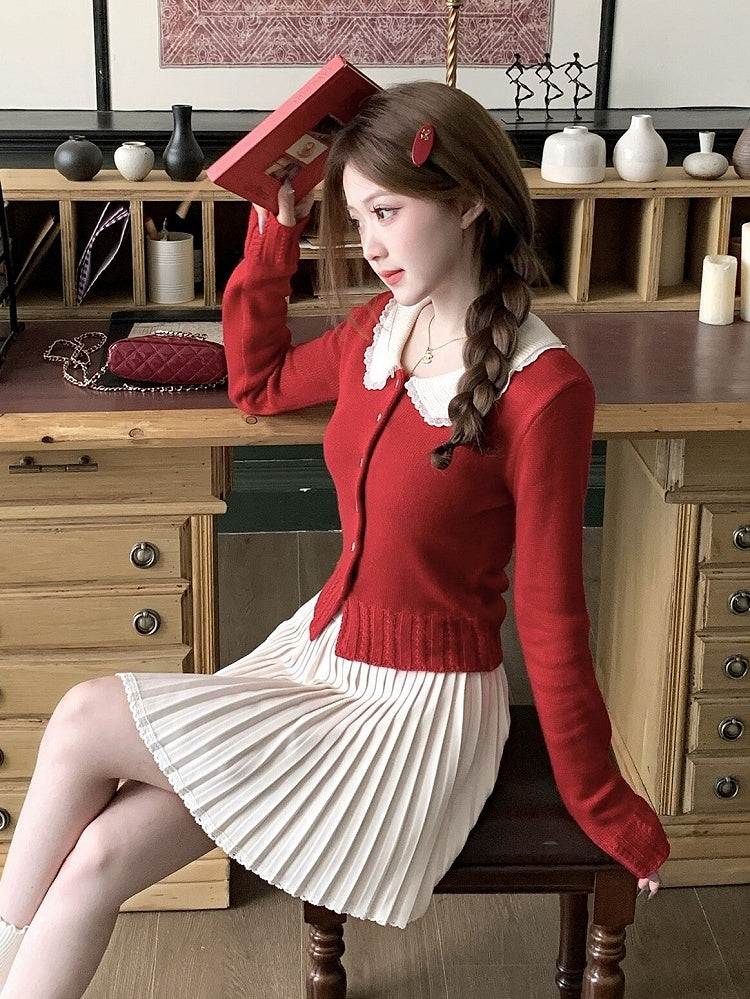 Red Knit Peter Pan Collar Cardigan with Lace - Qchiwawameme