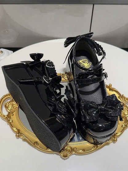 Round-Toe Platform Shoes PU Details with Black Sweet Snap Heart-Shaped Lolita Bowknot