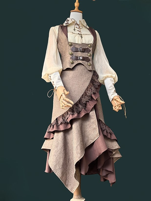 Lolita Steampunk Asymmetrical Trim Skirt with Lace Coffee Ruffled