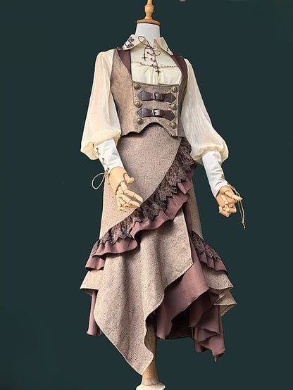 Lolita Steampunk Asymmetrical Trim Skirt with Lace Coffee Ruffled