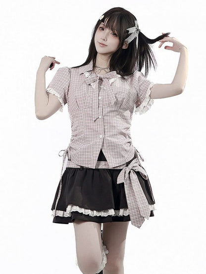 Pink Plaid Turn-down Collar Short Sleeve Shirt with Drawstring Waist & Lace - PINK SAVIOR