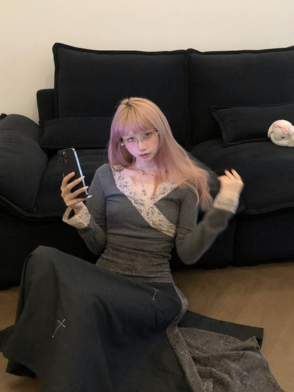 Lace Long Pink Trim Sleeve Top Gray Crossover