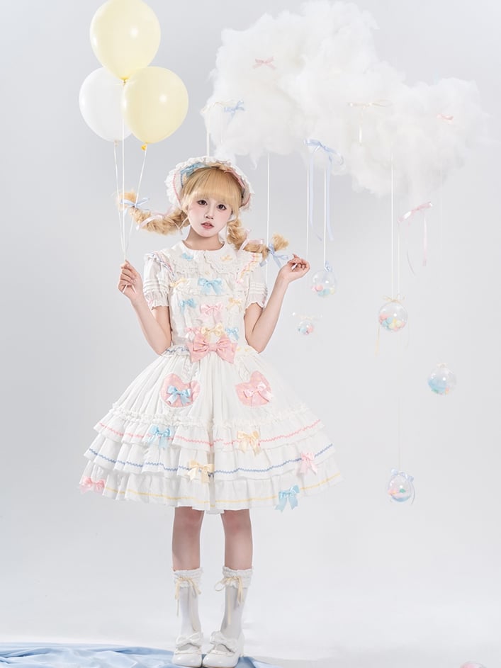 Bowknots White Macaron Color Ruffled Lace Trim Bonnet