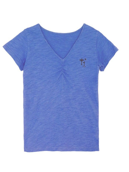 Sky Blue Cotton V-Neck Tee with Key Embroidery - innomoood