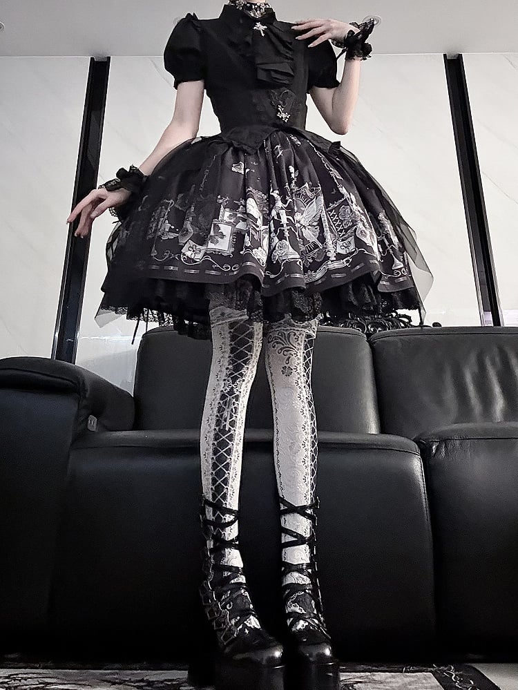 Waist Boned Skirt Gothic Black Corset with High Belt Print Butterfly Lolita