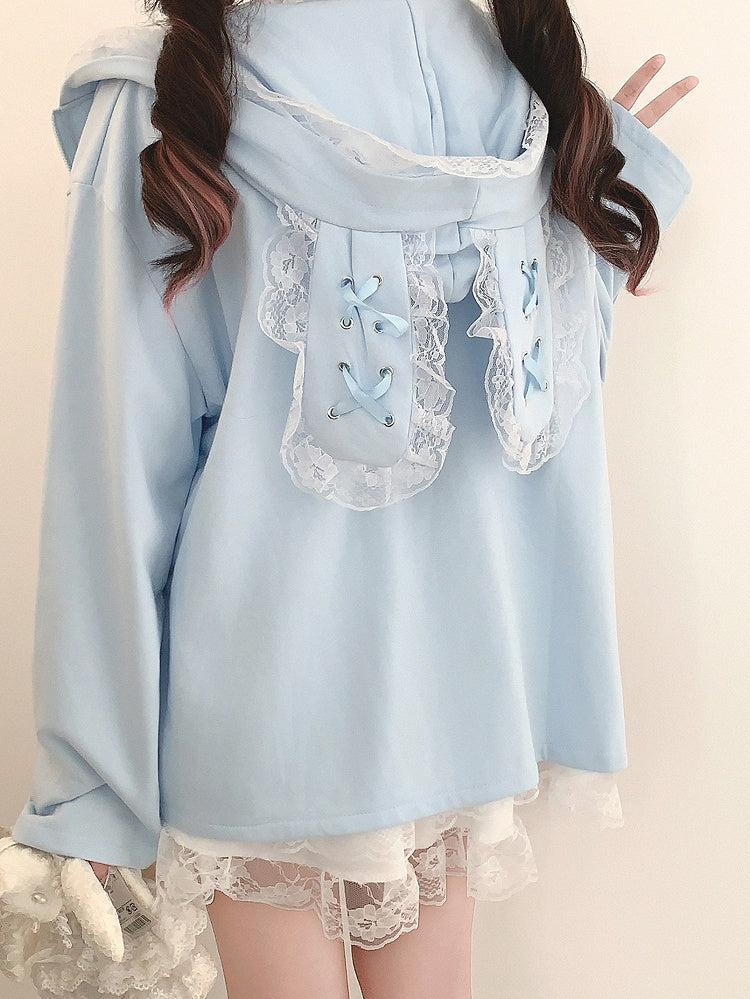 Jirai Crossed Bunny Kei Otaku Hood with Zip-Up Ears Hoodie