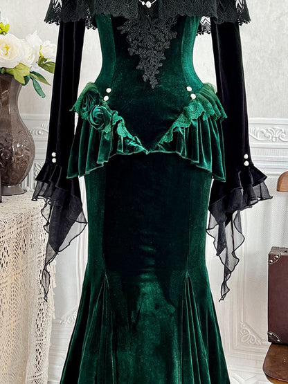 Forest Lace and Dress Peplum Detail Applique Mermaid Green with Velvet Black Dark
