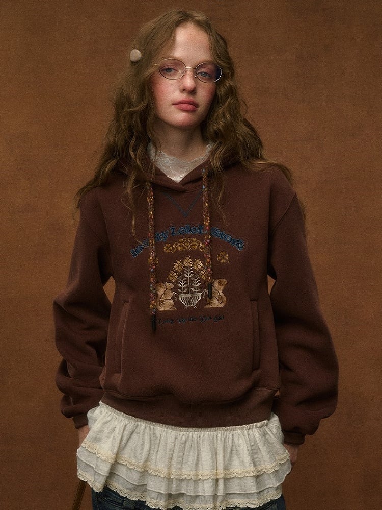 Hoodie Embroidery Vintage Squirrel Preppy with Brown