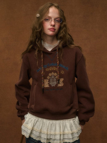 Hoodie Embroidery Vintage Squirrel Preppy with Brown