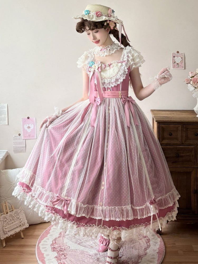 Elegant Bow Lolita Version with Dress Classic Details Lace and Long Pink Rose