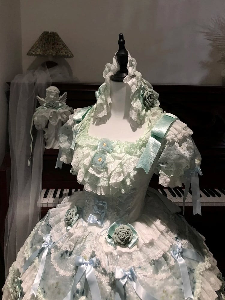 Lolita with Hime Accents Multi-Layered Ruffle Green Puffy Dress Rose