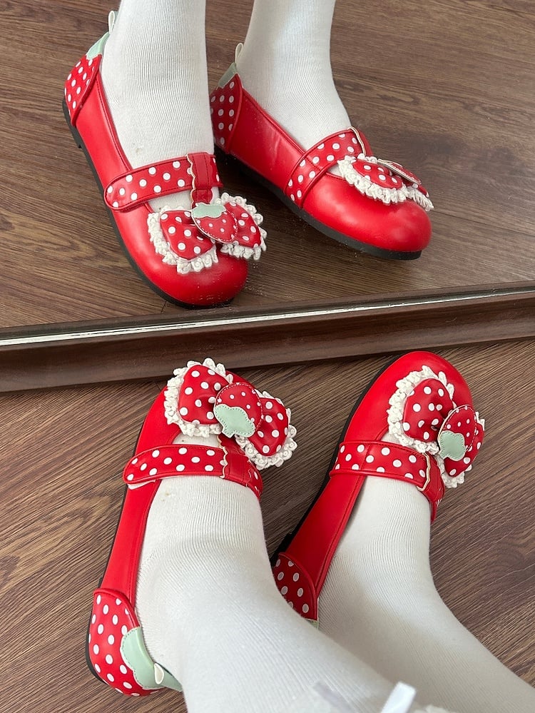 PU Strap at Polka-dot with Shoes Pattern Red Sole Lolita Sweet Closures Top Flat Bow Velcro