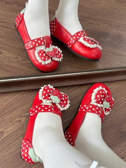 PU Strap at Polka-dot with Shoes Pattern Red Sole Lolita Sweet Closures Top Flat Bow Velcro