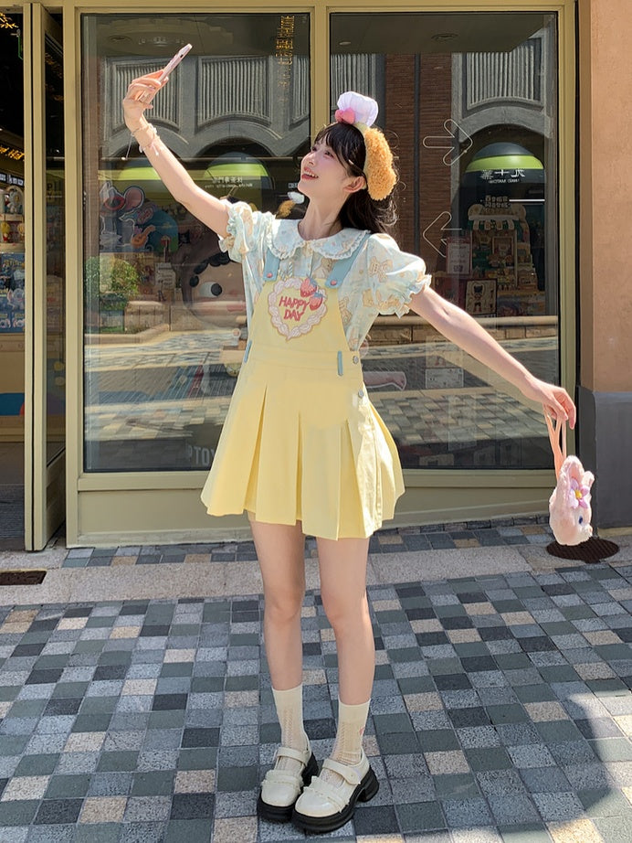 Strawberry Embroidery Yellow Box Pleat Overall Dress Sweet