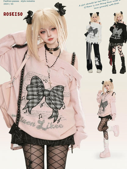 Pink/Black/White Bowknot Applique Asymmetrical Neckline Sweater Distress Trim