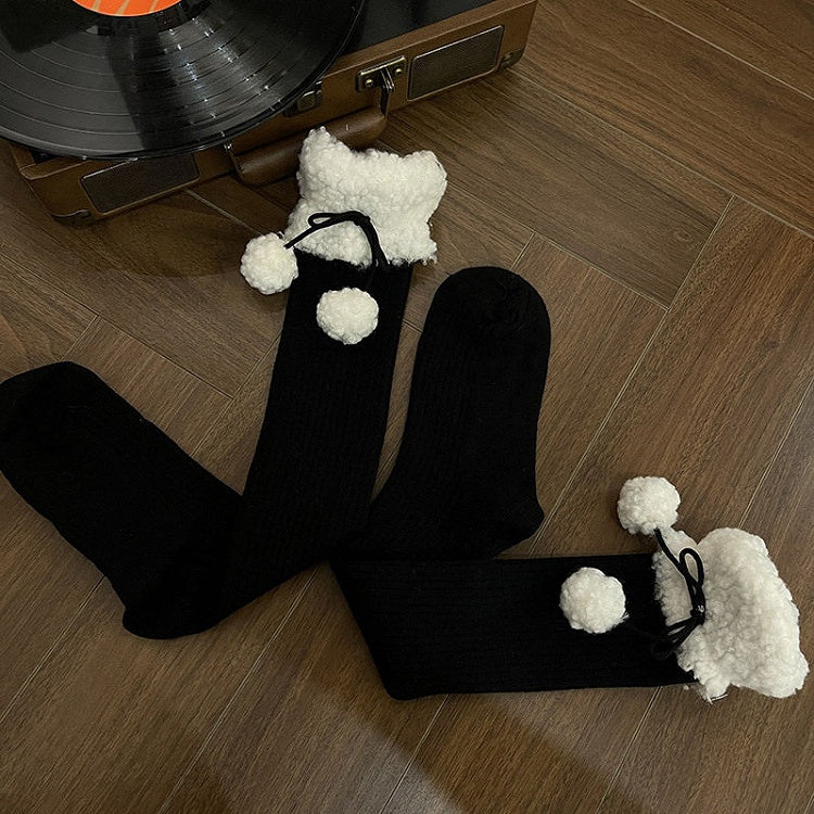 with Slouchy Pom-Pom Ribbed Stockings Sherpa 5-Color Cuff Accents