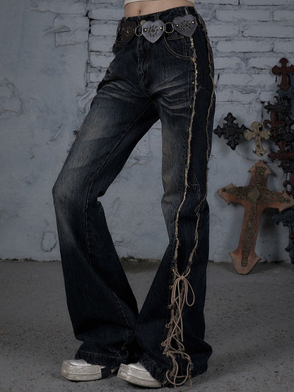 Fishtail Punk Schnürdetail Wasteland Dark Jeans Saum Raw Blue