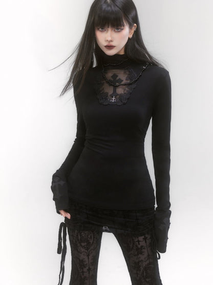 Gothic Black High Neck Cross Applique Cutout Detail Top