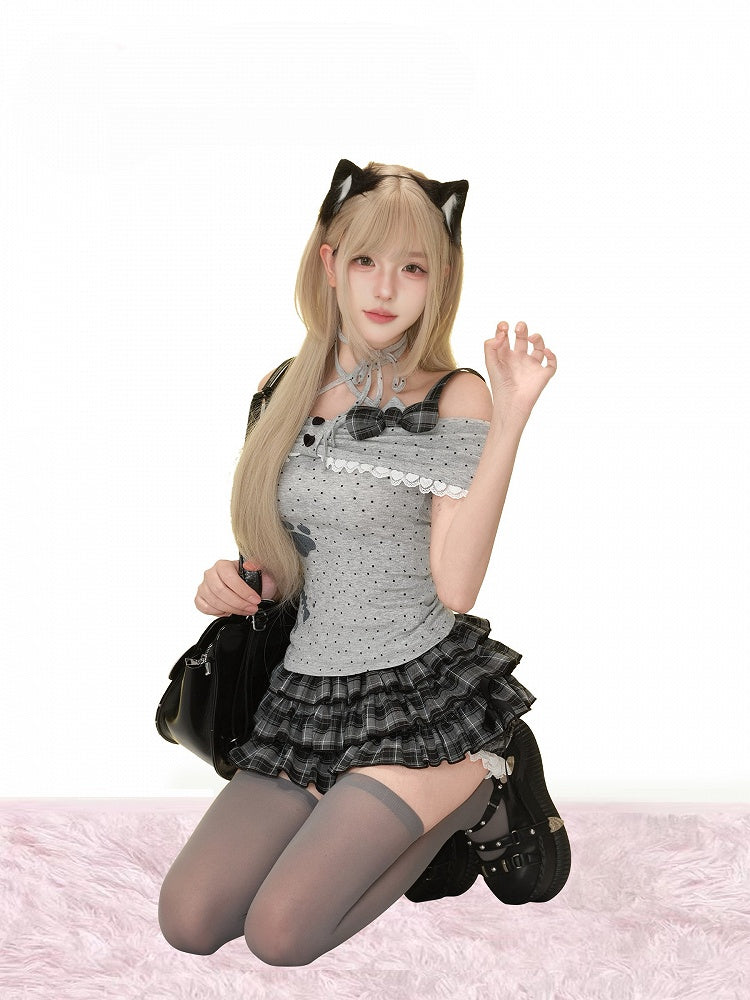 Paw Ways Two Design Off-Shoulder Gray Wear Print Dot Polka with Top