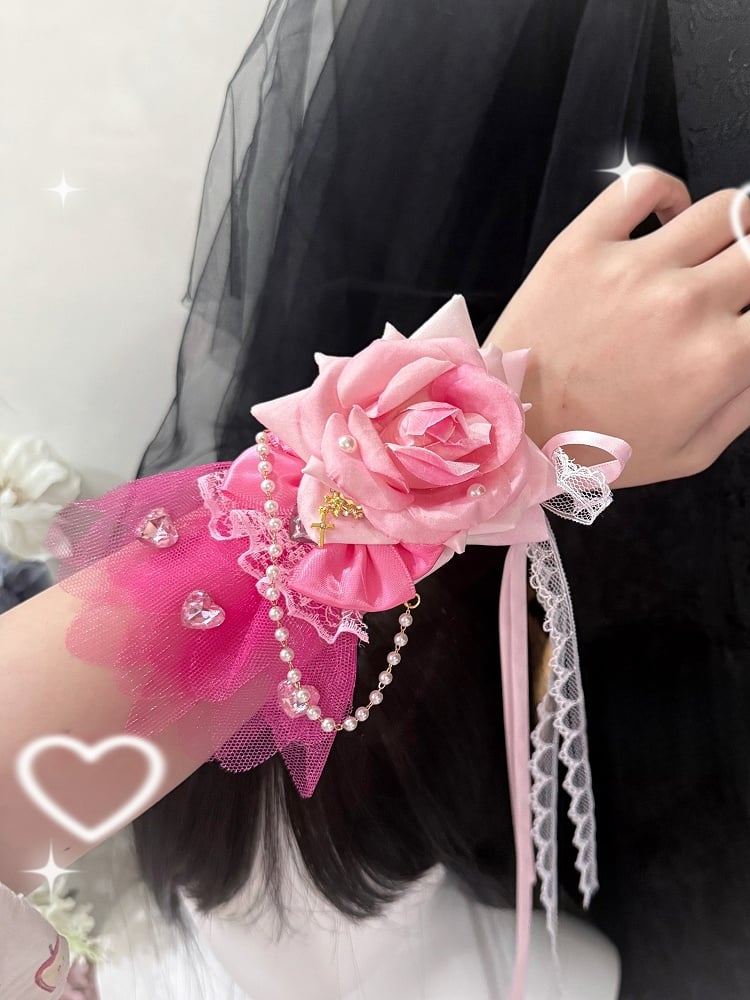 Charm Floral Rosa Haarspange/Halsband/Armband Perlen