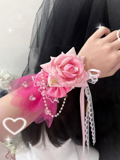 Charm Floral Rosa Haarspange/Halsband/Armband Perlen