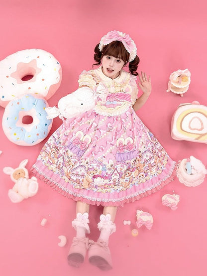 Kawaii Puff Sleeves Lolita JSK Dress with Bear Cake Theme Floral Print - Mewroco