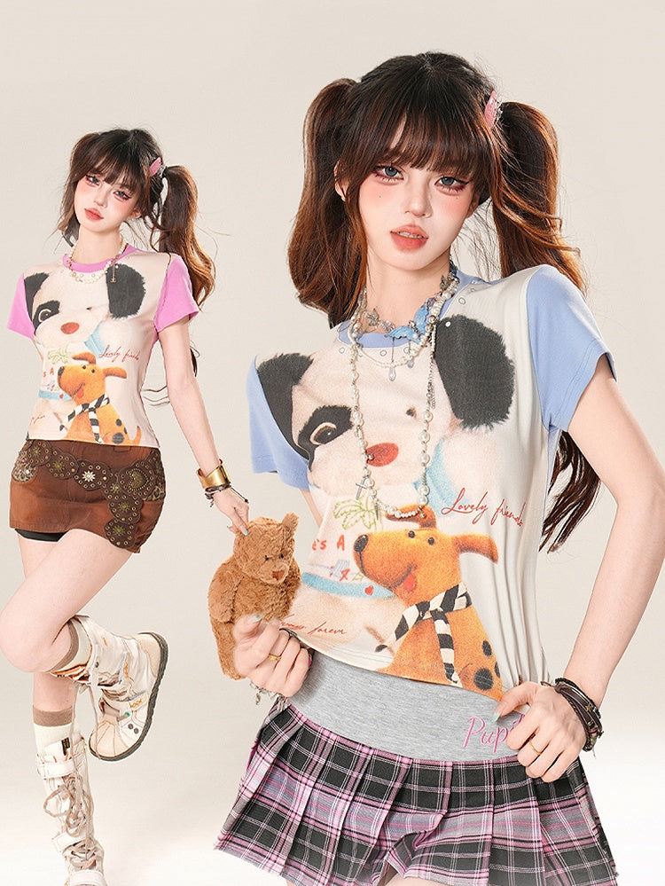 愛らしいカラーブロックデザインの子犬プリントのブルー/ピンクのTシャツ