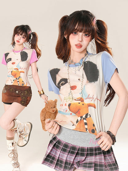 愛らしいカラーブロックデザインの子犬プリントのブルー/ピンクのTシャツ