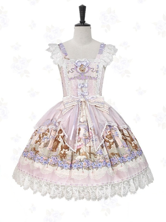 Cute Bear & Flower Pattern Sweet Purple Lolita JSK Gown - Stars Fall on the Foggy Island