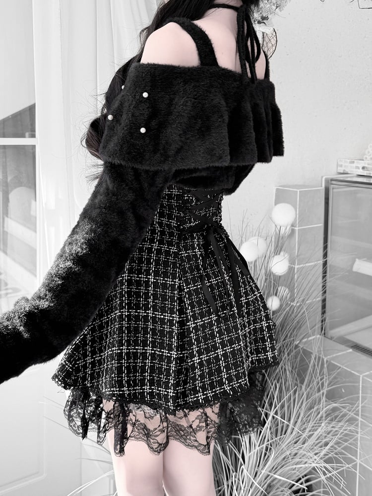 Jirai for a Kei Plush Convertible Sweet 2-in-1 Mink Bow Black Collar Sweater: Look Sophisticated