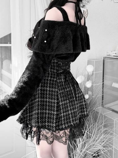 Jirai for a Kei Plush Convertible Sweet 2-in-1 Mink Bow Black Collar Sweater: Look Sophisticated