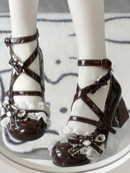 mit PU Rüschen Fashion Top Doppel Block Schuhe Mid Heels Schwarz Spitze Lolita