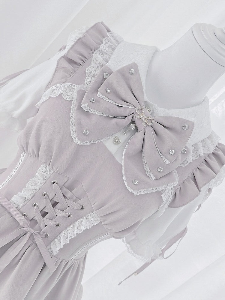 Pink and White Ryousangata Two-Piece Set with Lace and Ruffle - GingaU