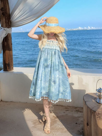 Dye Tie Charm Blue Sleeveless Dress Ruffles Bohemian Tassel Hem Shell Tiered