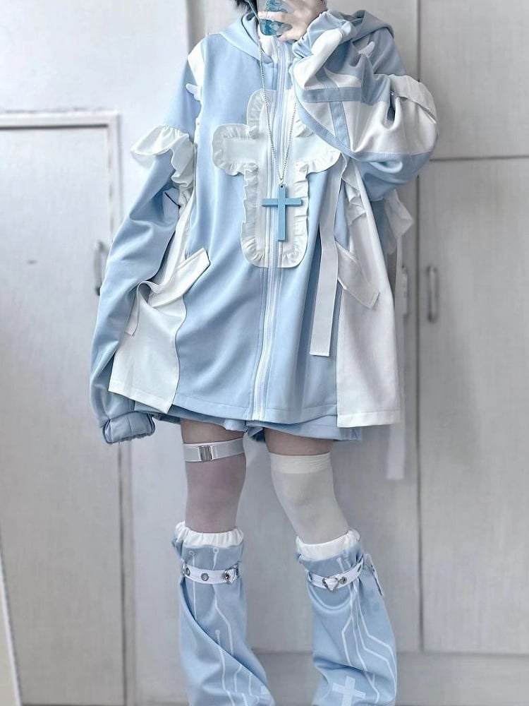 Tenshi Kaiwai Light Blue Yami Kawaii Cross Cat Ear Hoodie Shorts Leg Warmers Set