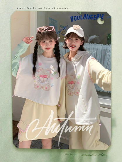 Herbst und Saum Grün Gelb Colorblock Design Teddybär Print Kordelzug Hoodie