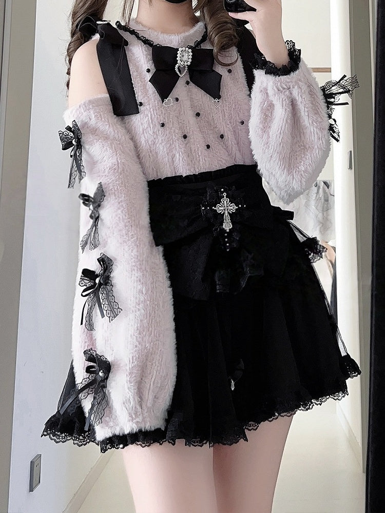 with Sweater Tie Pink Rhinestone Landmine Bow Shoulder Lace Style Cutout
