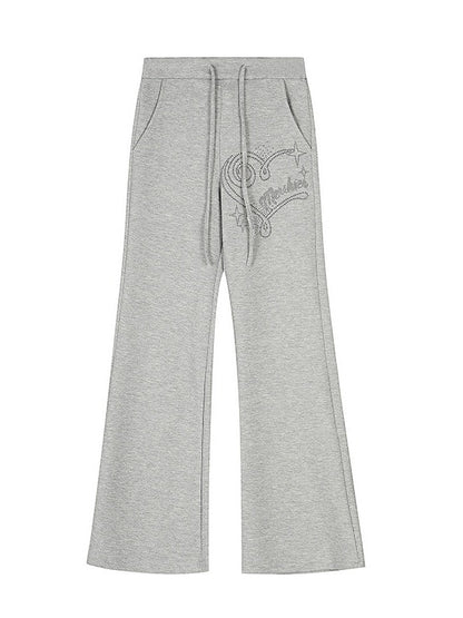 Casual Straight Leg Pants with Heart Rhinestone - Solkatt