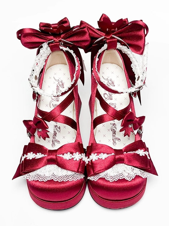 Bow Heel - Heart Satin with in High Janes Red Themed Accents Sakura Snap Block Mary