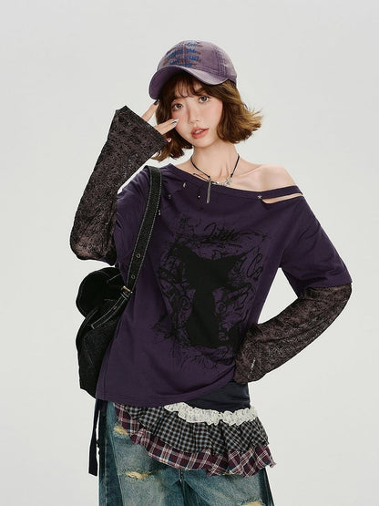Black Purple Asymmetrical Faux Two Piece Cat Print Top - Girlyhalo