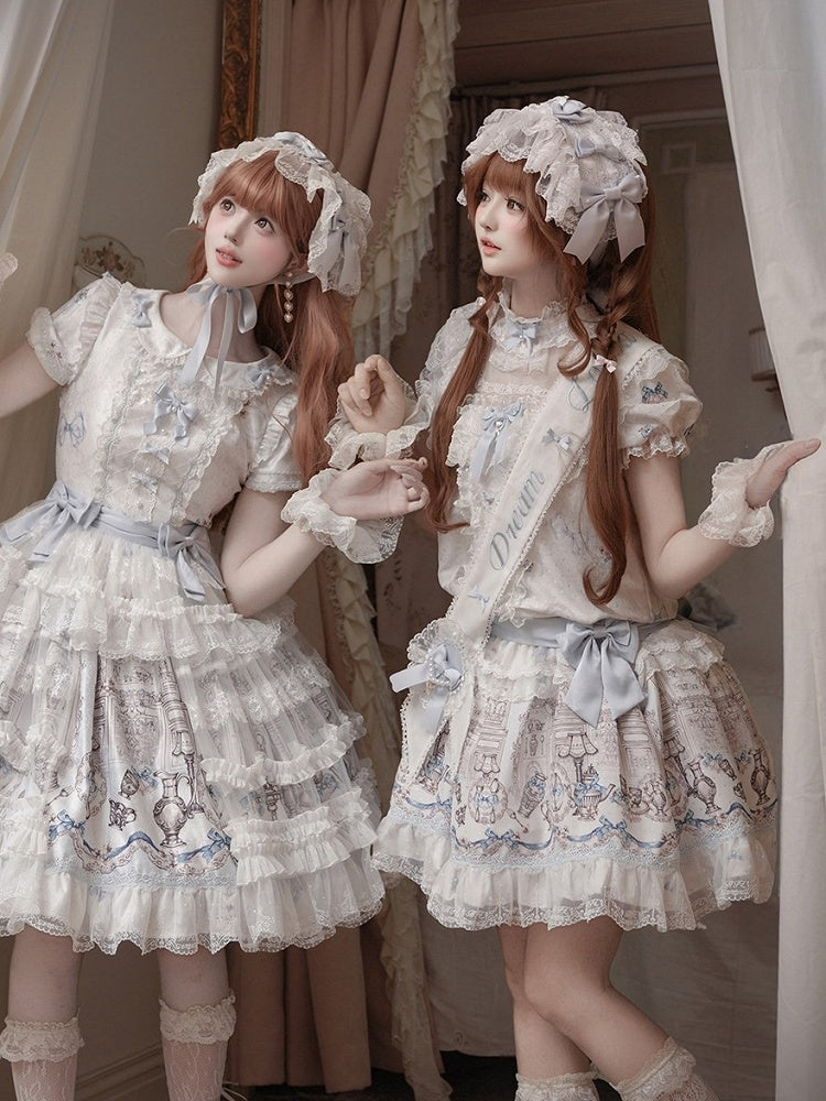 White & Blue Lace Bowknot Elegant Lolita Hairband - Meng Fu Zi